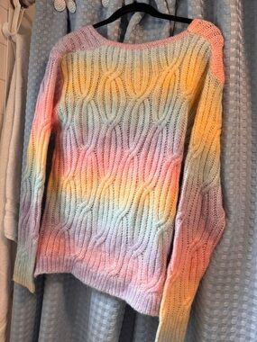 Chic Nation Pastel Rainbow Cable Knit Crew Sweater